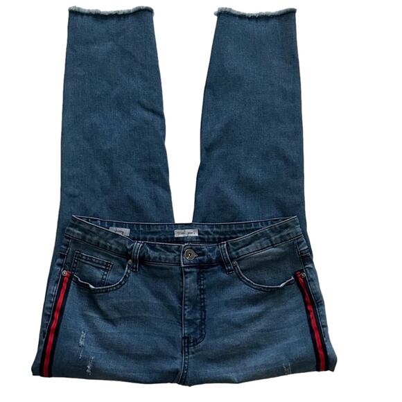 Tribal Jeans Distressed Stretch Raw Hem Side Red Stripe Ankle Jeans Size 12 - Picture 9 of 13